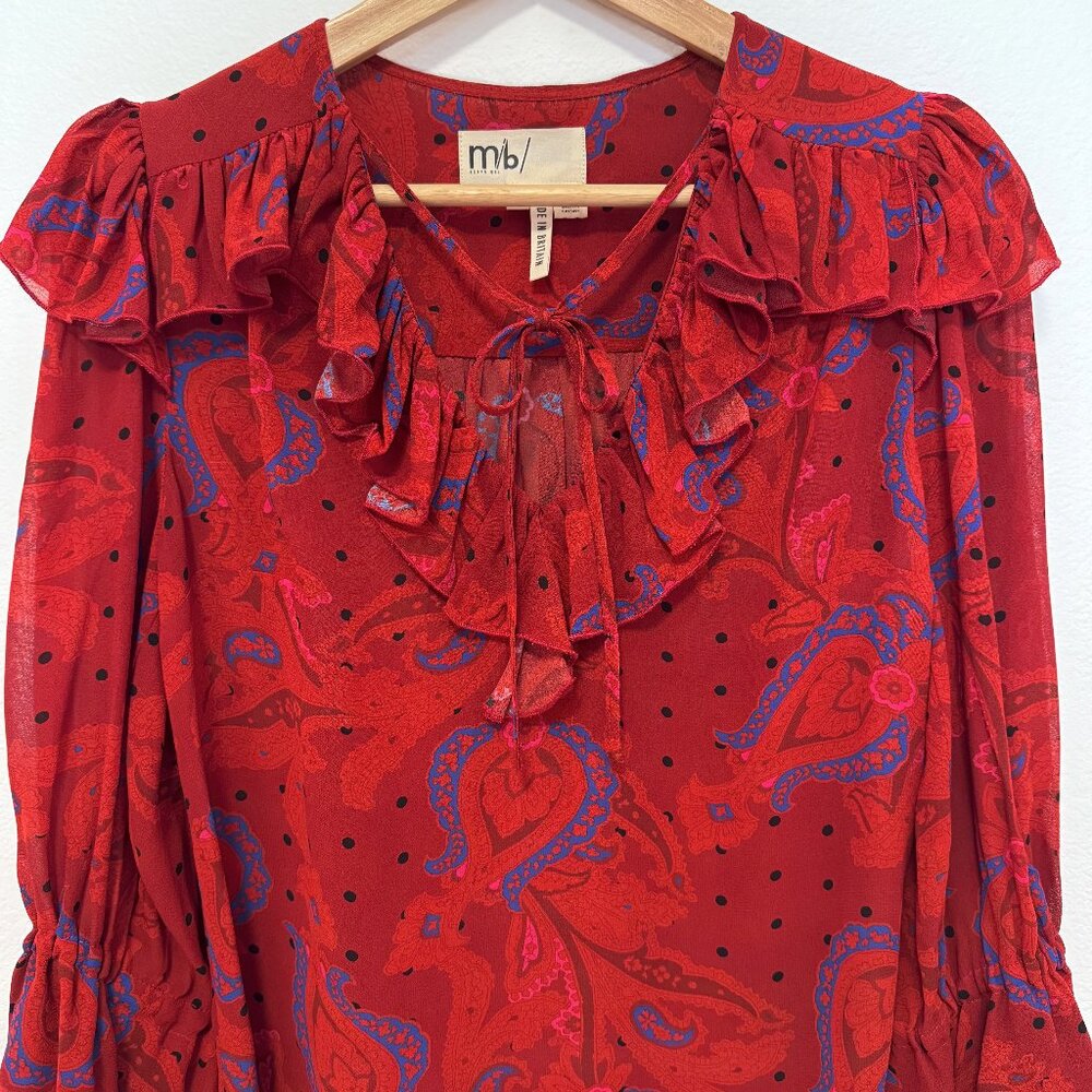 Ted Baker MiB Engels Red Ruffle Self Tie Crepe Paisley Print Blouse Size 1 Small - Picture 3 of 11